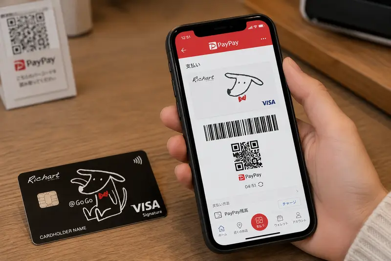 手機顯示PayPay付款畫面，旁邊放著信用卡