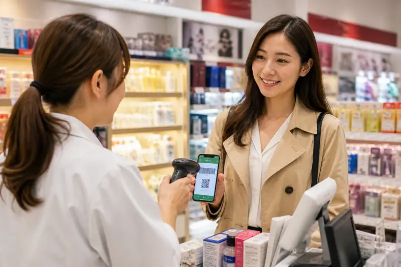 藥妝店內顧客結帳並出示電子優惠券情境