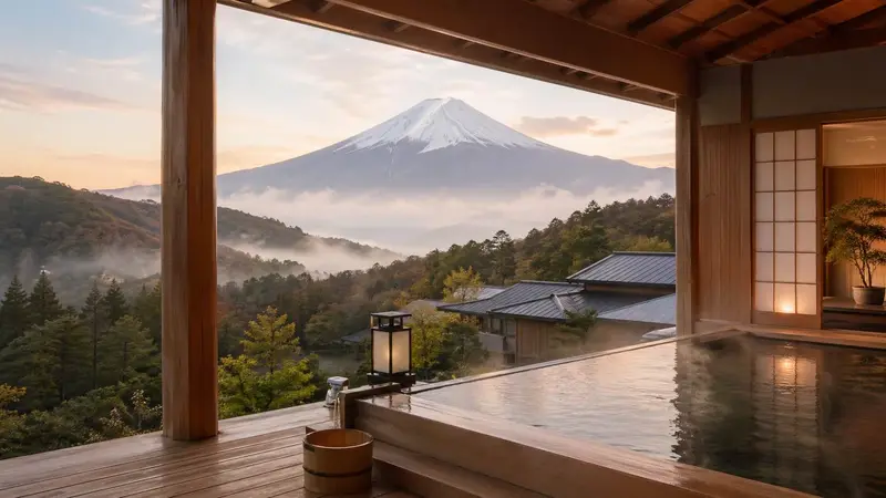 日本溫泉隱居型高奢旅宿與山景氛圍圖