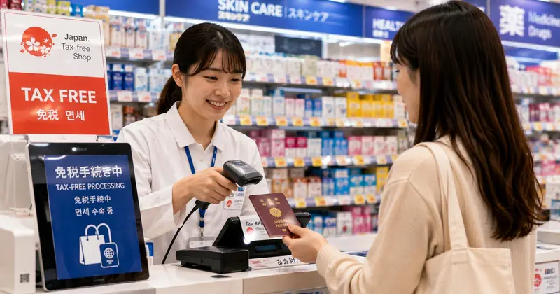 藥妝店結帳櫃檯，店員掃描旅客護照辦理免稅購物登錄