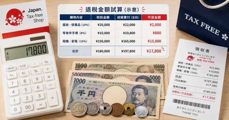 計算機與日圓鈔票、購物收據並排，示意退稅金額試算