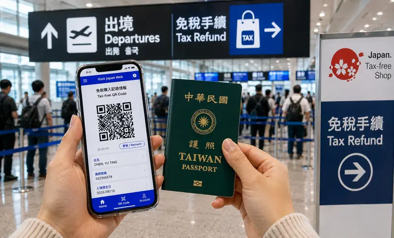 Visit Japan Web 免稅 QR Code 畫面與護照並排的示意