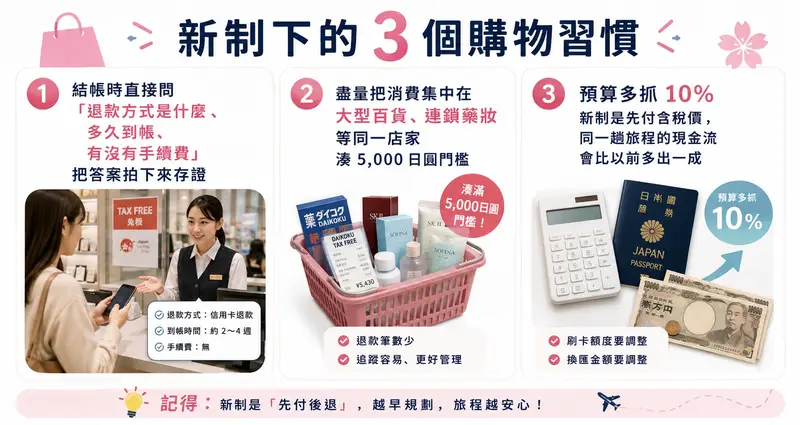 旅客於機場退款業者櫃檯辦理退款，櫃檯螢幕顯示多種退款方式