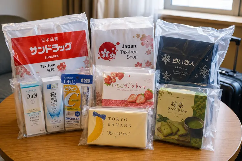 行李箱打開擺滿未拆封的藥妝與伴手禮，準備接受海關查驗