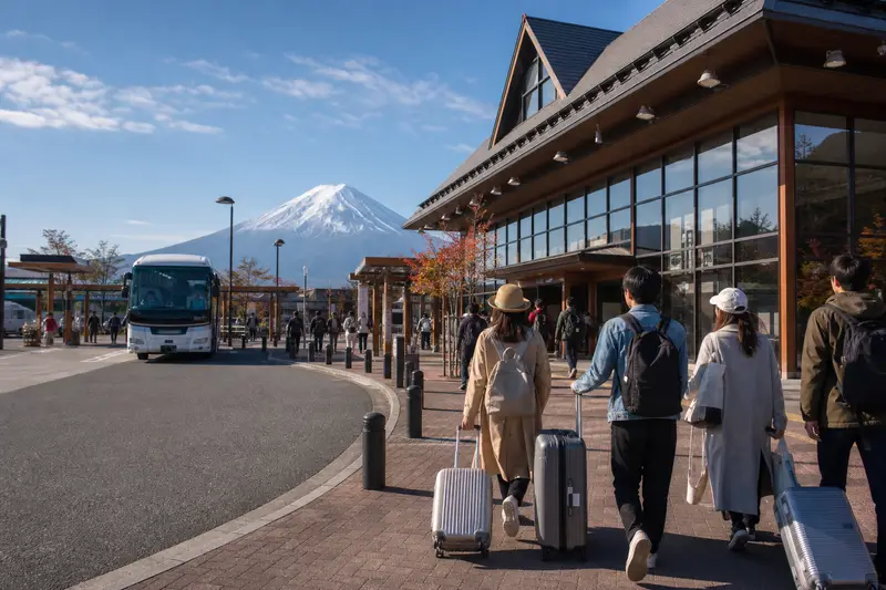 河口湖駅前旅客拖行李轉乘巴士