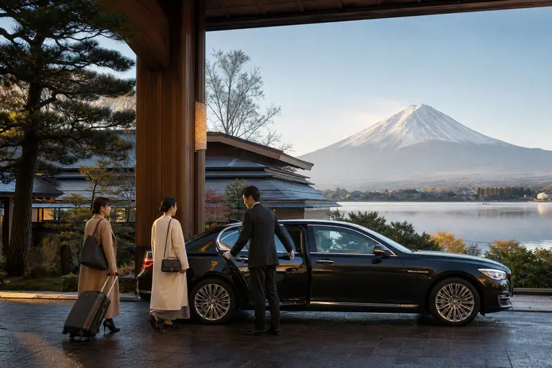 河口湖湖畔旅館前包車上行李清晨