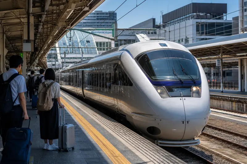 旅人搭乘 JR 列車抵達小倉站準備前往小倉祇園太鼓祭。