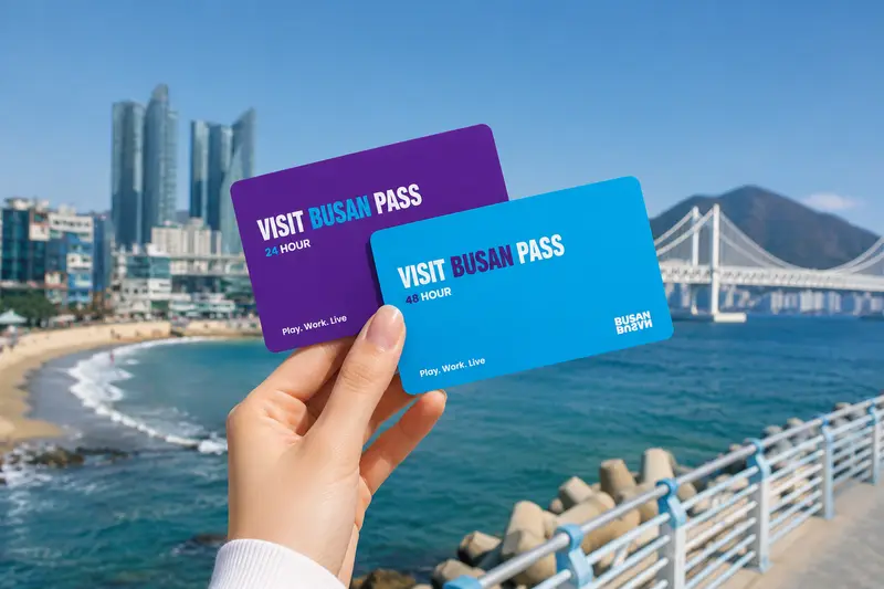 Visit Busan Pass 通行證與釜山熱門付費景點示意（觀景台、水族館、纜車）