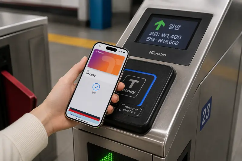 釜山地鐵閘門刷 T-money／Cashbee 交通卡示意