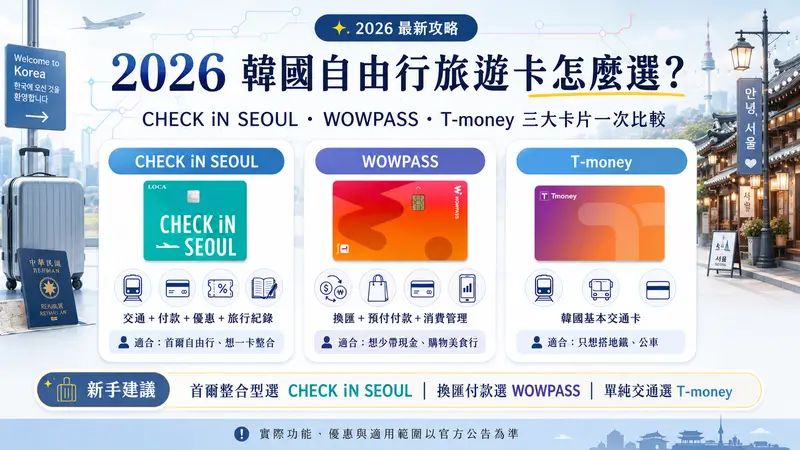 2026 韓國旅遊卡比較｜CHECK iN SEOUL、WOWPASS、T-money 差異與新手選擇
