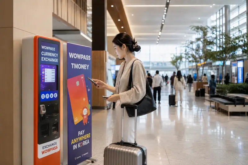 旅客在韓國機場自助機台前操作辦卡