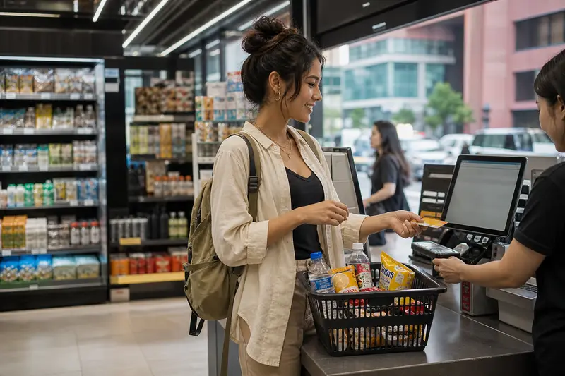 旅客在韓國便利商店櫃檯使用卡片付款，展現 WOWPASS 日常支付情境。