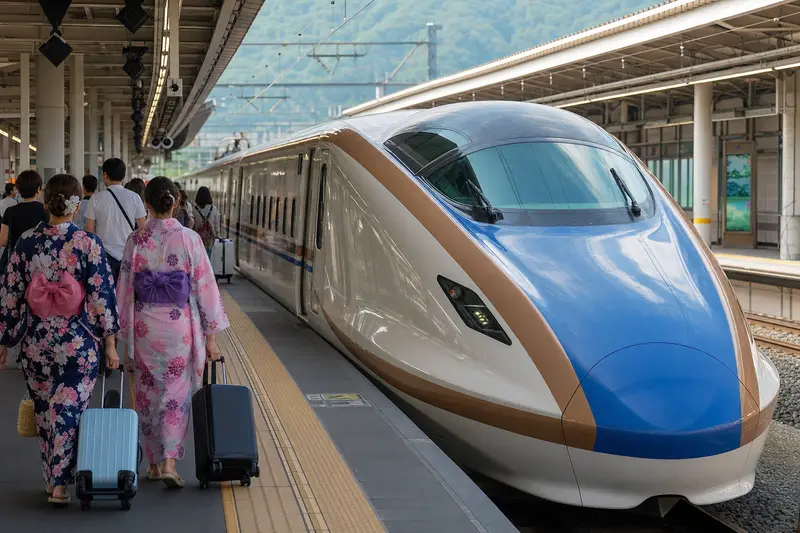 旅人搭乘上越新幹線前往長岡花火大會。