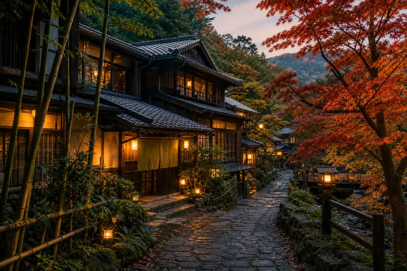 伊豆修善寺溫泉小鎮楓葉與竹林
