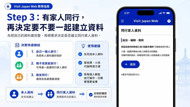 Visit Japan Web 同行家人資料示意