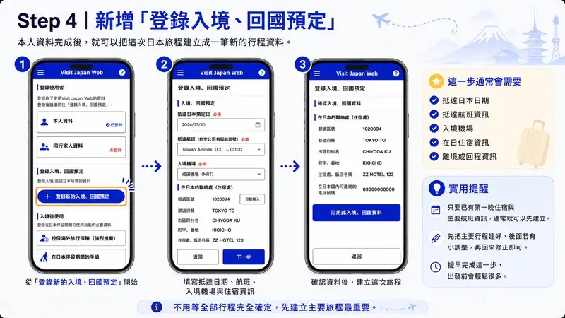 Visit Japan Web 新增登錄入境回國預定示意