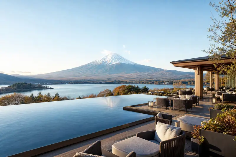 山中湖高地度假飯店露台與全景富士山