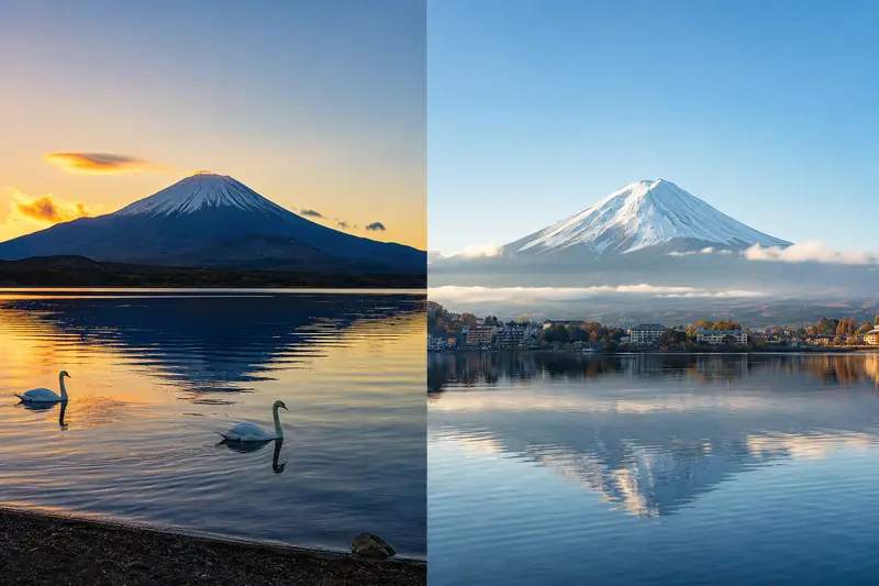 山中湖與河口湖兩種富士山視角對比