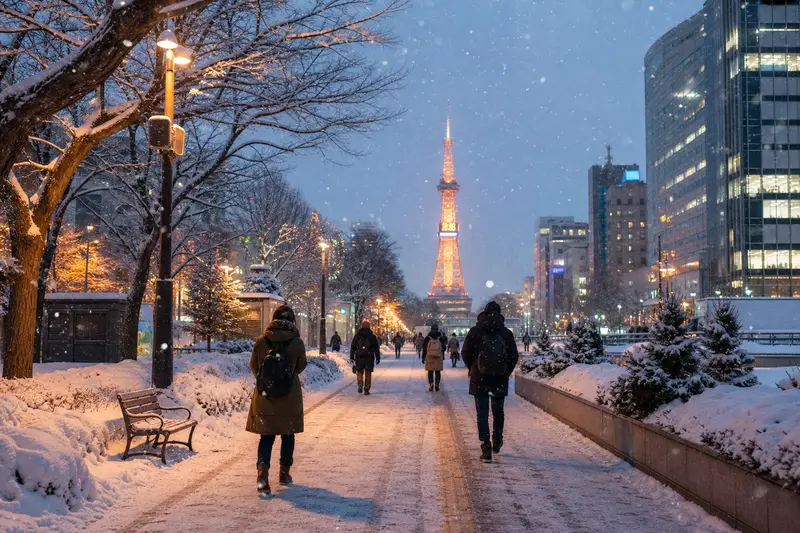 札幌大通公園附近的冬季城市雪景與行人
