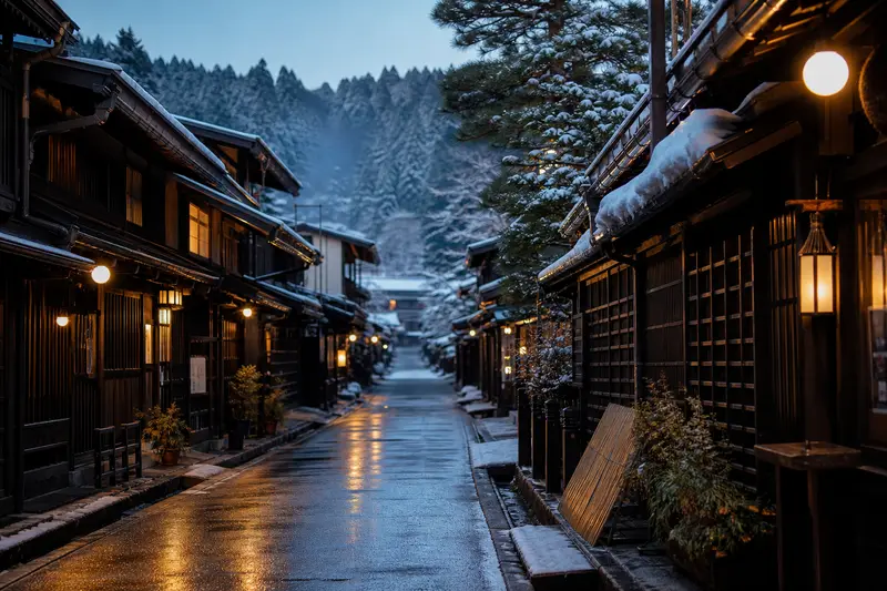 高山古街在冬季雪景中的傳統木造街屋與散步氛圍