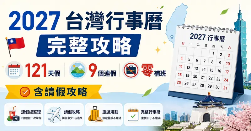 2027 台灣行事曆完整攻略：121天假、9個連假、零補班｜含請假攻略