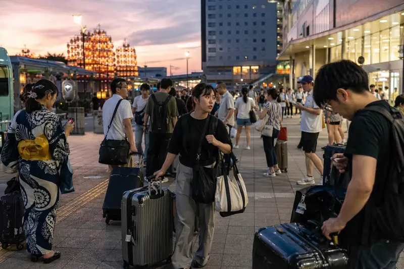 秋田竿燈祭期間秋田站移動與行李情境
