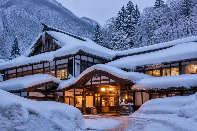 酸ヶ湯溫泉雪中的木造湯宿，屋頂積著厚厚白雪