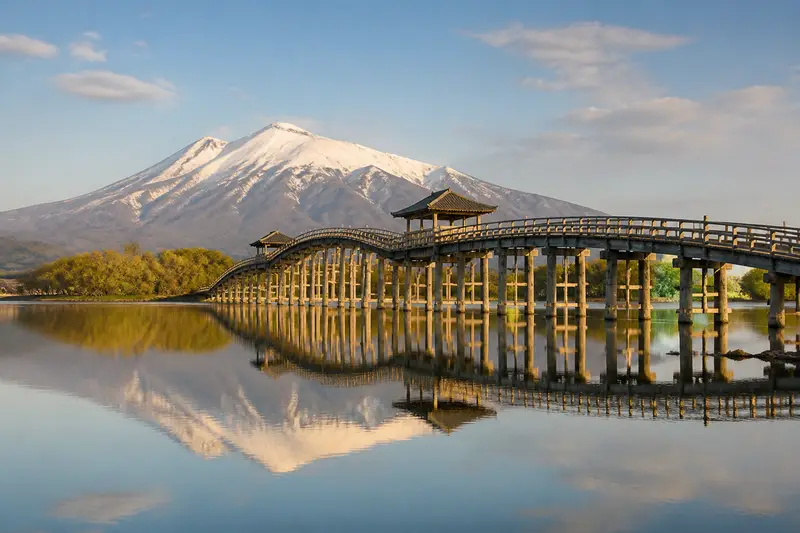 鶴之舞橋倒映岩木山的津輕逆富士景色