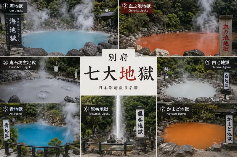 別府七大地獄拼貼（海地獄、血之池、龍卷等）示意
