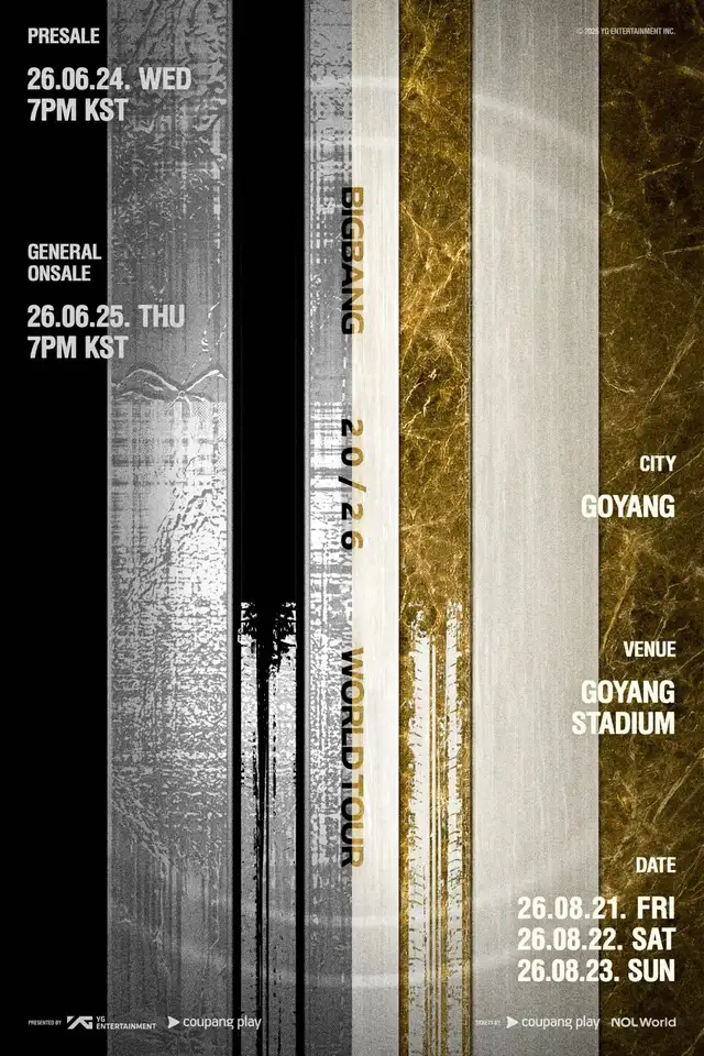 BIGBANG 2026 WORLD TOUR IN GOYANG 官方公告海報：高陽體育場 8/21–23，優先預售 6/24、普通售票 6/25