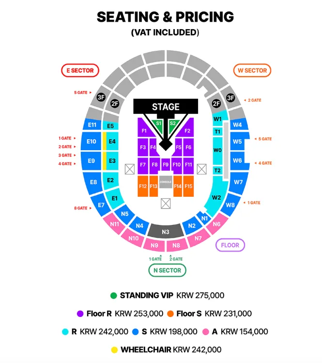 BIGBANG 高陽場座位圖與票價：STANDING VIP／Floor R／Floor S／R／S／A／輪椅 共 7 級，KRW 154,000–275,000，舞台位於 E／W 看台之間