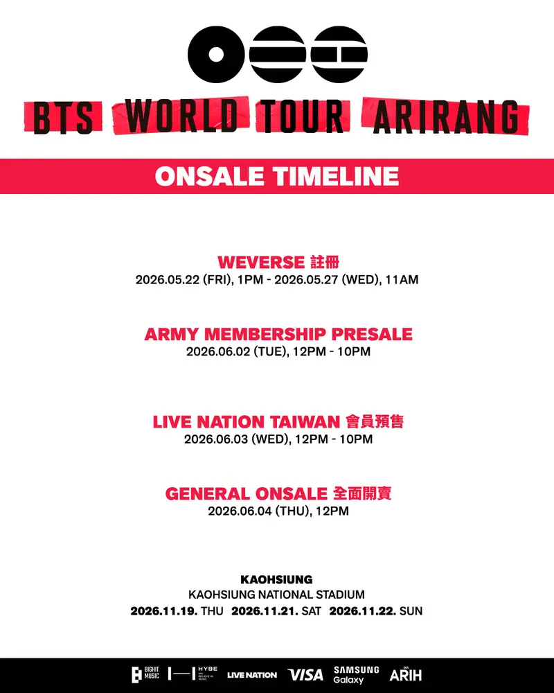 BTS WORLD TOUR ARIRANG 高雄場售票時間表