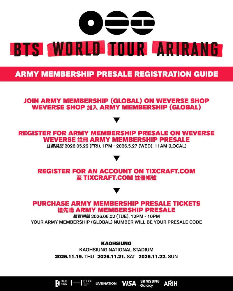 BTS WORLD TOUR ARIRANG 高雄場購票注意事項
