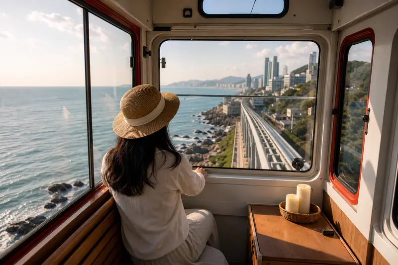 釜山膠囊列車車廂內可從窗邊拍攝海岸風景。