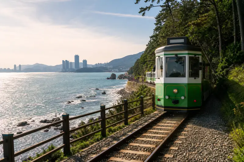 釜山海岸列車串聯尾浦、青沙浦與松亭等海線景點。