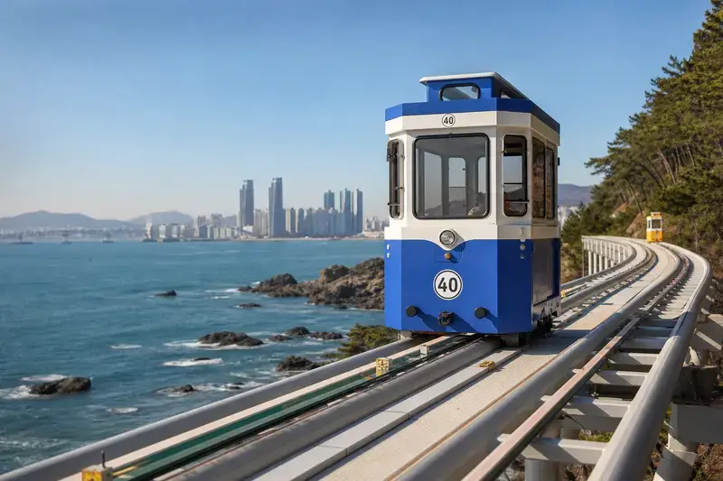海雲台藍線公園天空膠囊列車，彩色車廂沿海岸線行駛