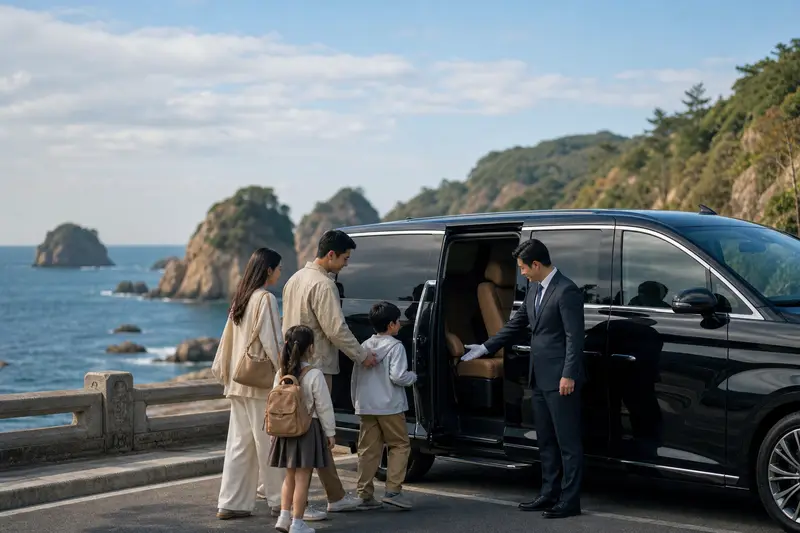 中文司機專車停在影島海岸景點旁，一家人帶小孩準備上車