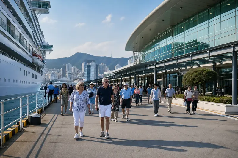郵輪旅客從釜山港碼頭下船準備展開岸上一日遊。