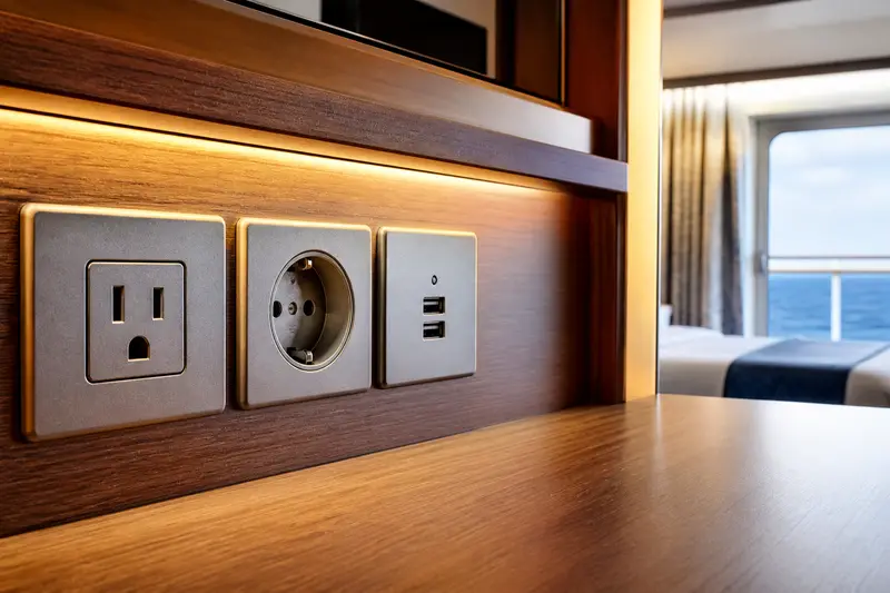 郵輪房間內常見的美規、歐規插座與 USB 充電孔特寫。