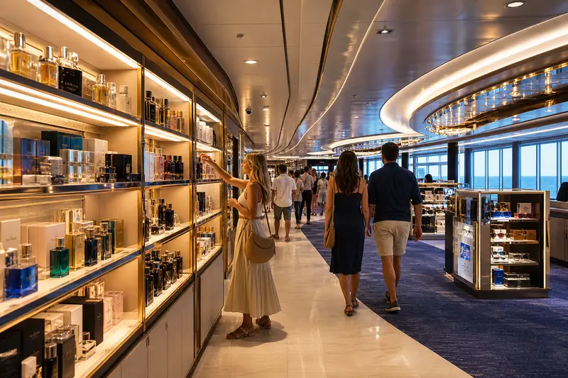 現代郵輪上的免稅店購物區，展示香水、配件與精品商品。