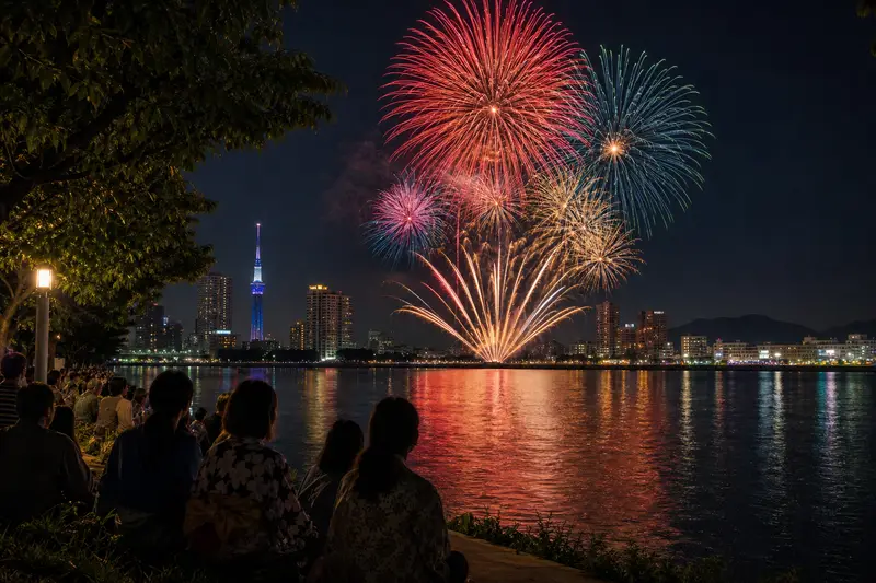 福岡近郊夏季花火大會與河岸觀眾