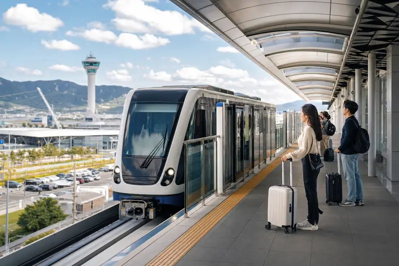 金海機場輕電鐵月台與準備搭車進入釜山市區的旅客