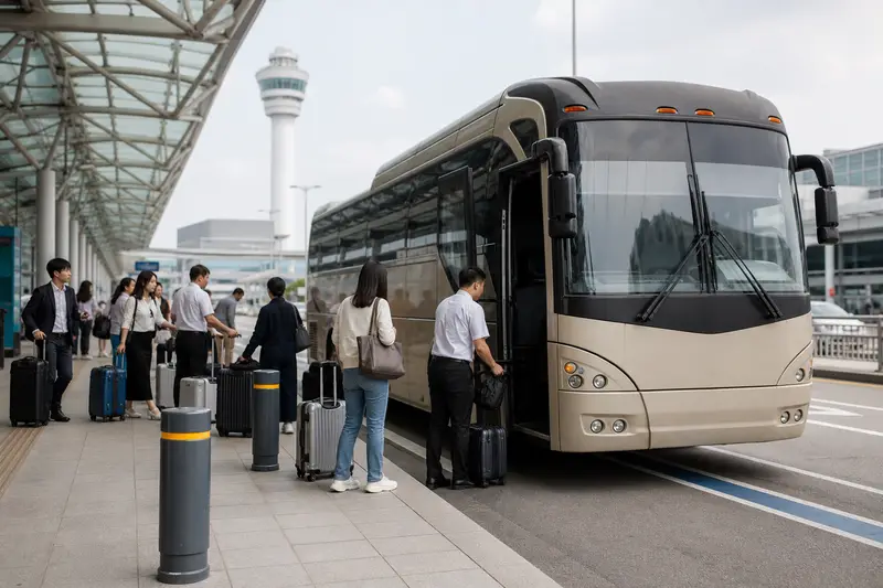 金海機場外機場巴士停靠區與準備上車的旅客
