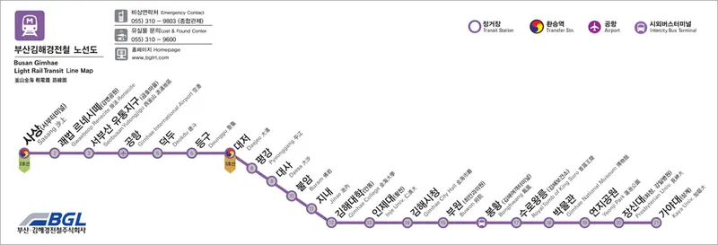 釜山金海輕電鐵列車與沙上站轉乘地鐵 2 號線的月台