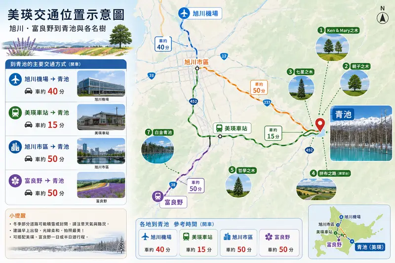 美瑛交通位置示意：旭川機場、旭川、富良野到青池與各名樹的相對位置