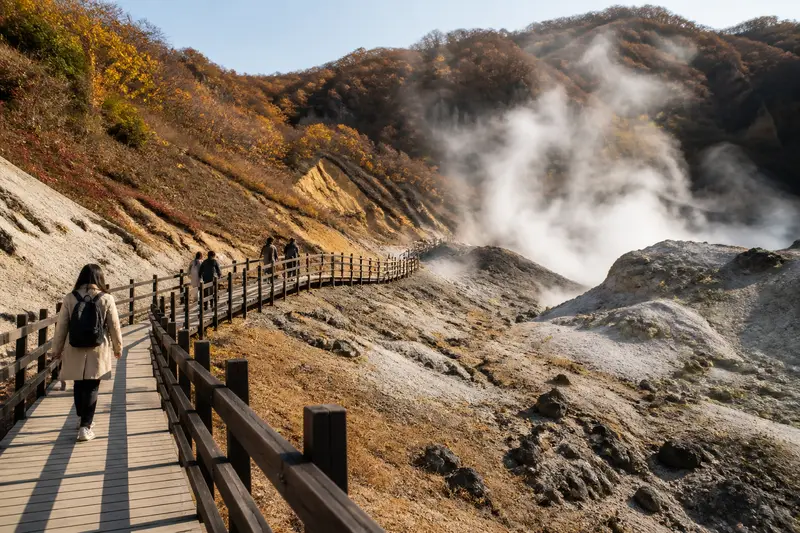 登別地獄谷的木棧遊步道，噴氣孔冒著硫磺蒸氣，遠處紅褐岩壁