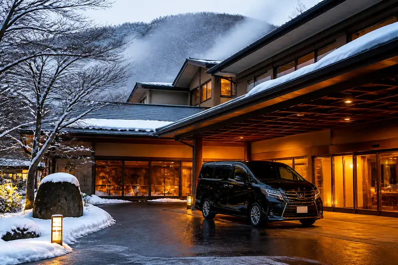 登別溫泉區冬季雪景，溫泉飯店與蒸氣，專車停在門口