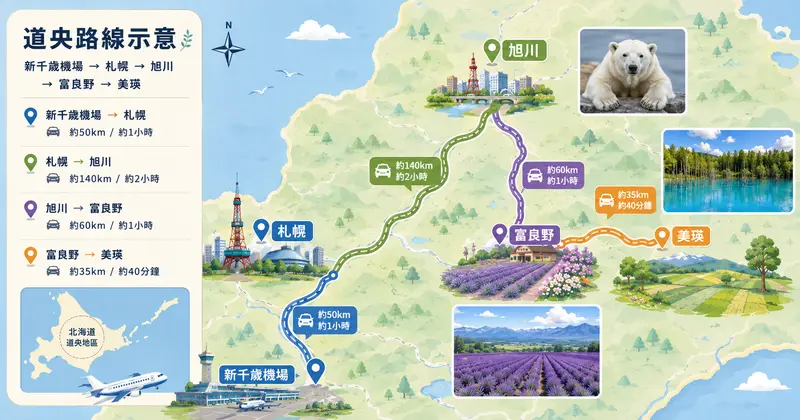 道央路線示意：新千歲機場、札幌、旭川、富良野、美瑛在地圖上的相對位置與距離感