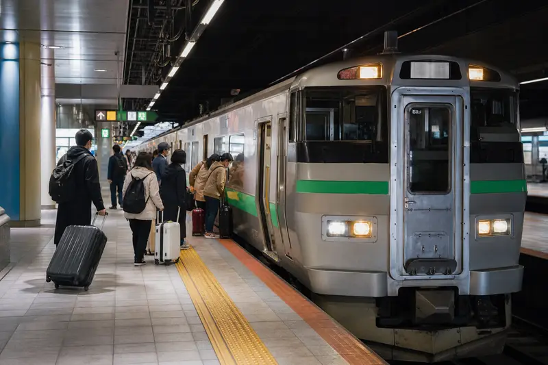 新千歲機場站月台上的 JR 快速エアポート列車，旅客提行李準備上車