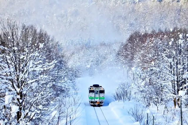 冬季北海道雪中的鐵道與月台，列車在飄雪中進站，四周積雪深厚